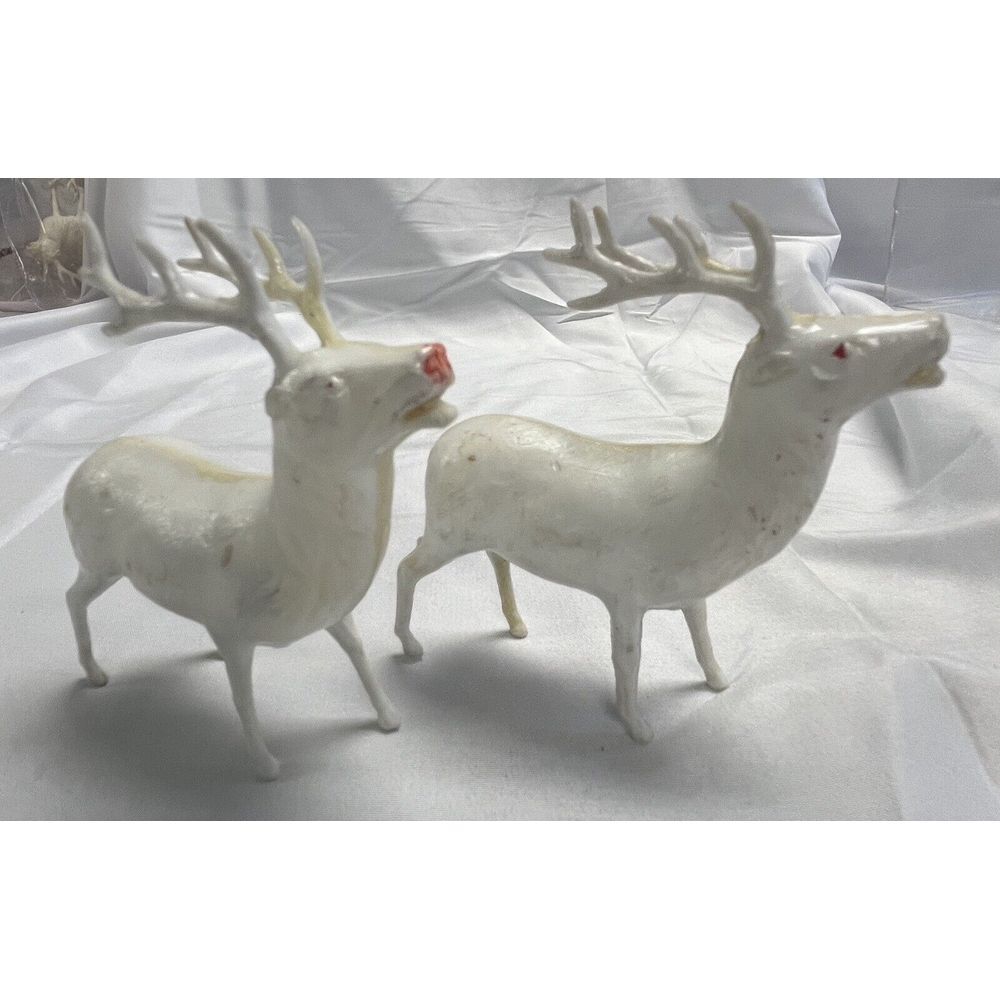 2 Vintage Hard Plastic Deer REINDEER White Christmas Ornament Rudolph‎